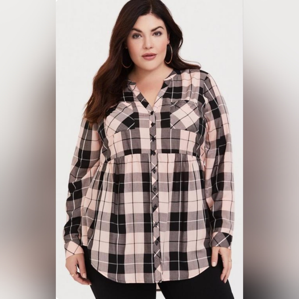 NWT TORRID Top | Size 1X | Babydoll Tunic | Pale Light Pink and Black Plaid - Picture 12 of 12